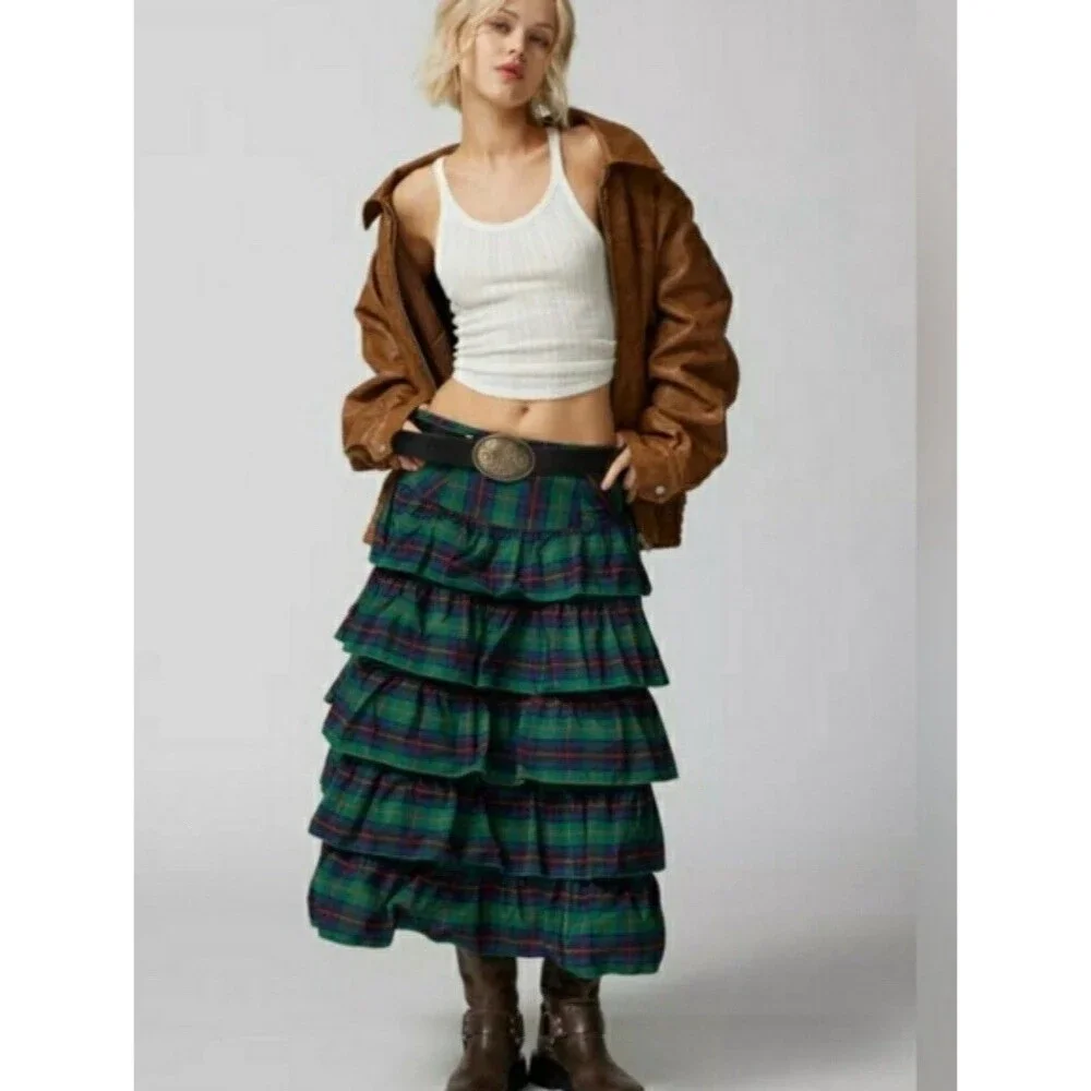Urban Outfitters Midi Skirt Rainee Tiered Green Plaid Preppy Vacay Small New
